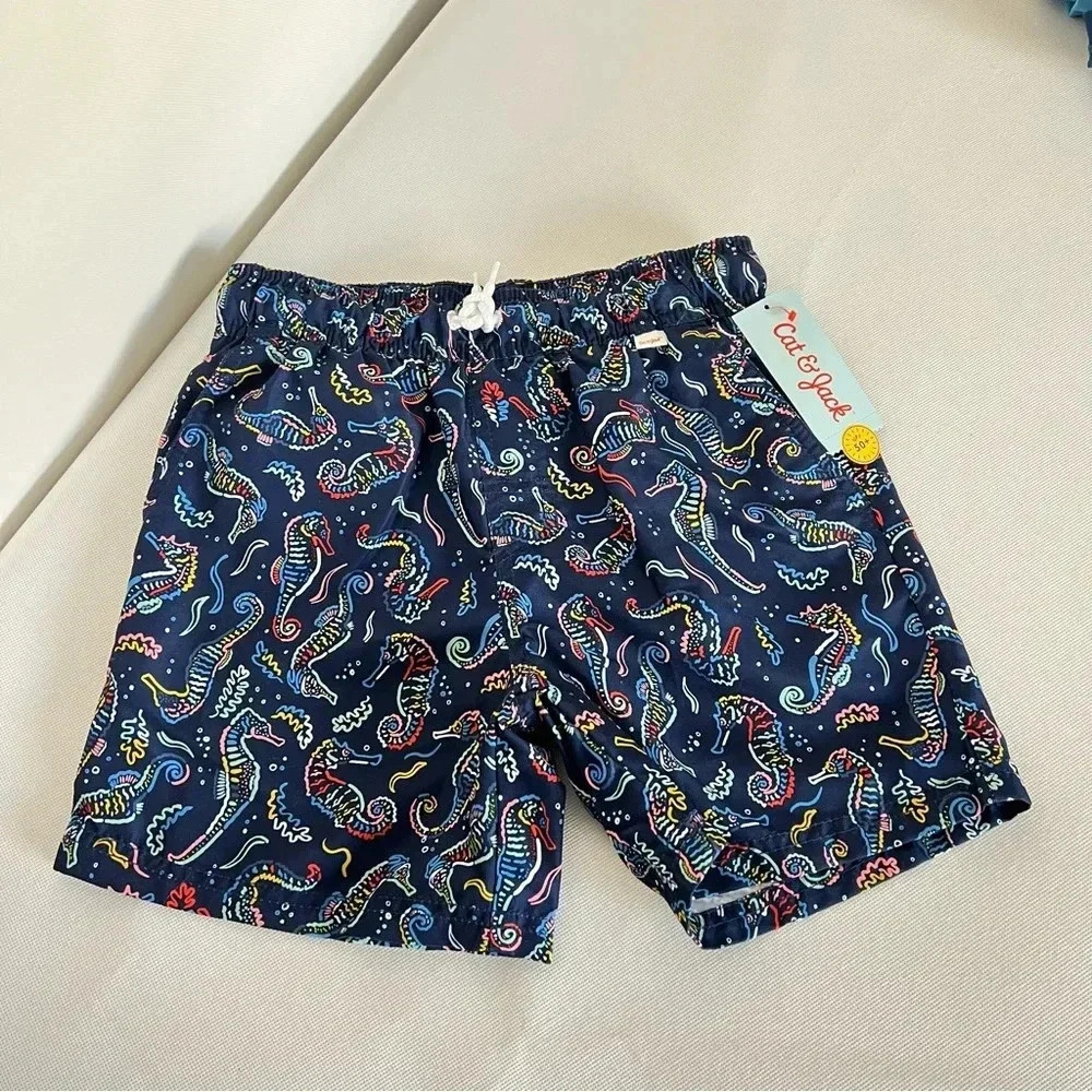 Swim Shorts Sea Horses Boys M (8/10) Shapes Printed Cat & Jack Navy Blue